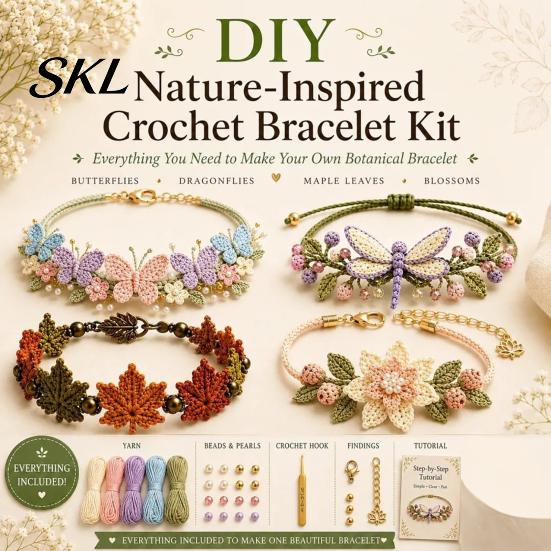 Handmade Bracelet Kit DIY Nature-Inspired Crochet Kit, 3D Animals Plants Hand-Crocheted Jewelry Gift Set Flower Maple Dragonfly Butterfly Making Set,