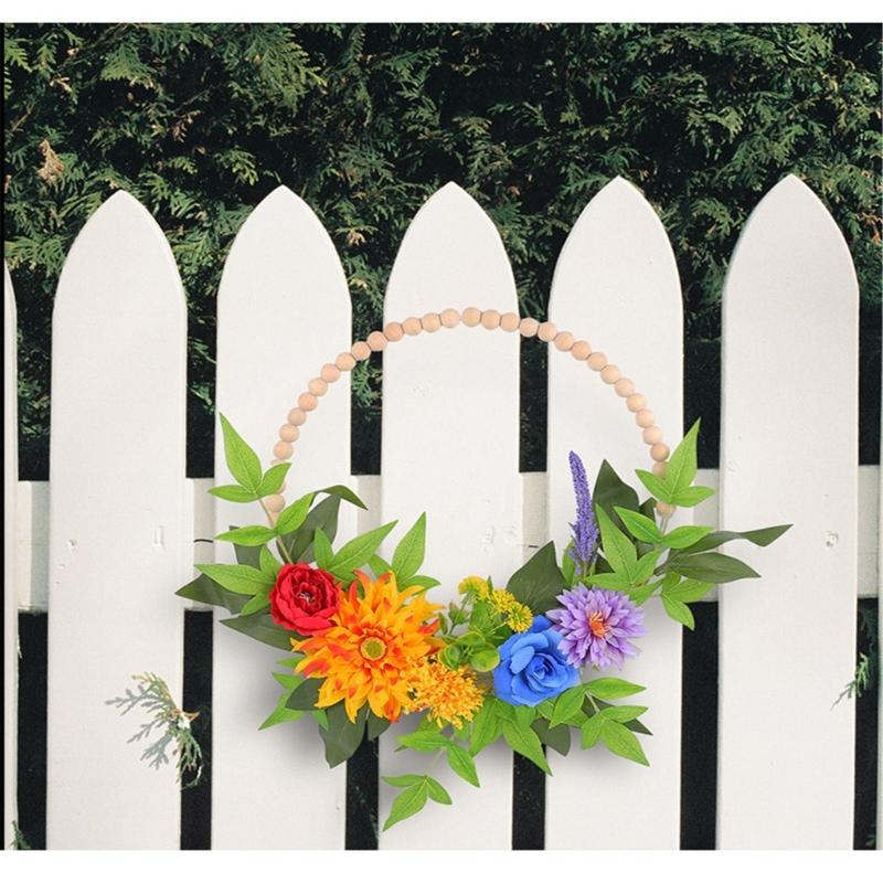 Spring Wreath for Front Door Farmhouses, Wood Bead Wreath with Artificial Flower Leaf, Spring Summer Wreath for Wedding