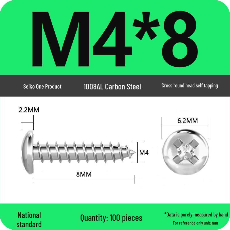 Galvanized Self-Tapping Screws, Round Head, White Zinc, PA Cross Pan, Pointed Tail M1.2-M4