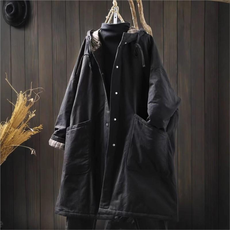 Johnature Women Vintage Hooded Warm Winter Solid Color Button Pockets Coats