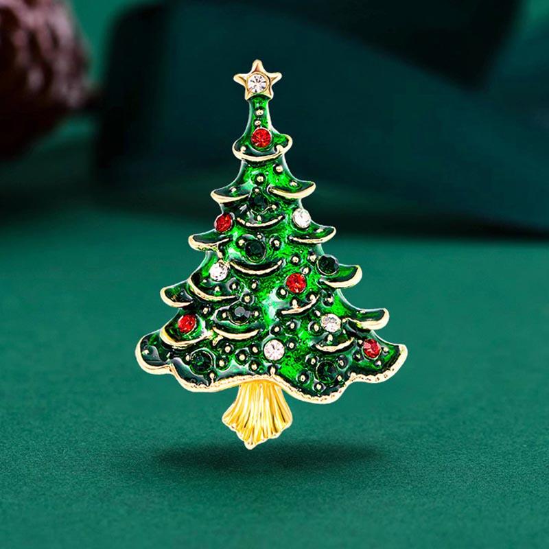 1PC Red Brooches Lapel Pin Corsage Christmas Tree Imitation Rhinestone Trend Enamel Jewelry