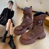 Thick Bottom Buckle with Sleeve Boots Fashionable and Comfortable Female Spring and Fall Biker Boots Lace-up Single Boots