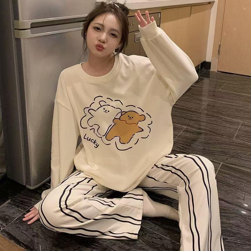 Womens Thermal Pajamas Set Long Sleeve Cute Cartoon Loungewear Winter Warm Sleepwear