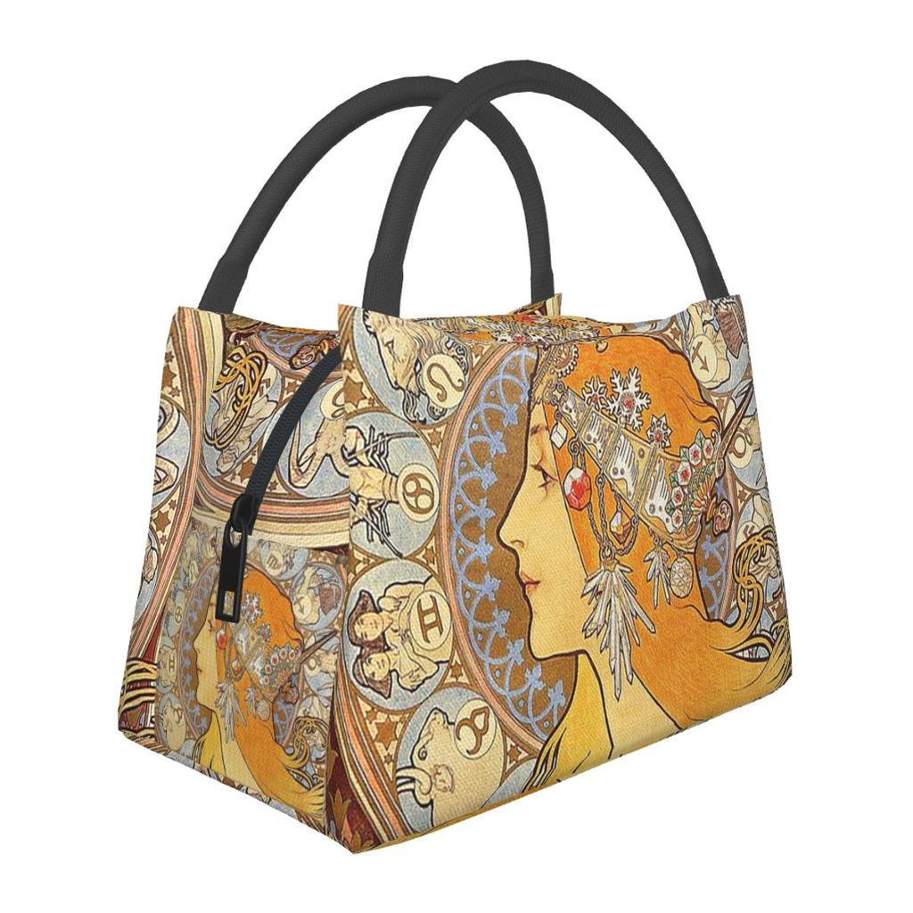 Alphonse Mucha Zodiac Art Nouveau Woman Lunch Bag for School Bento Storage Food Boxes Container Cooler Thermal Lunch Box Tote
