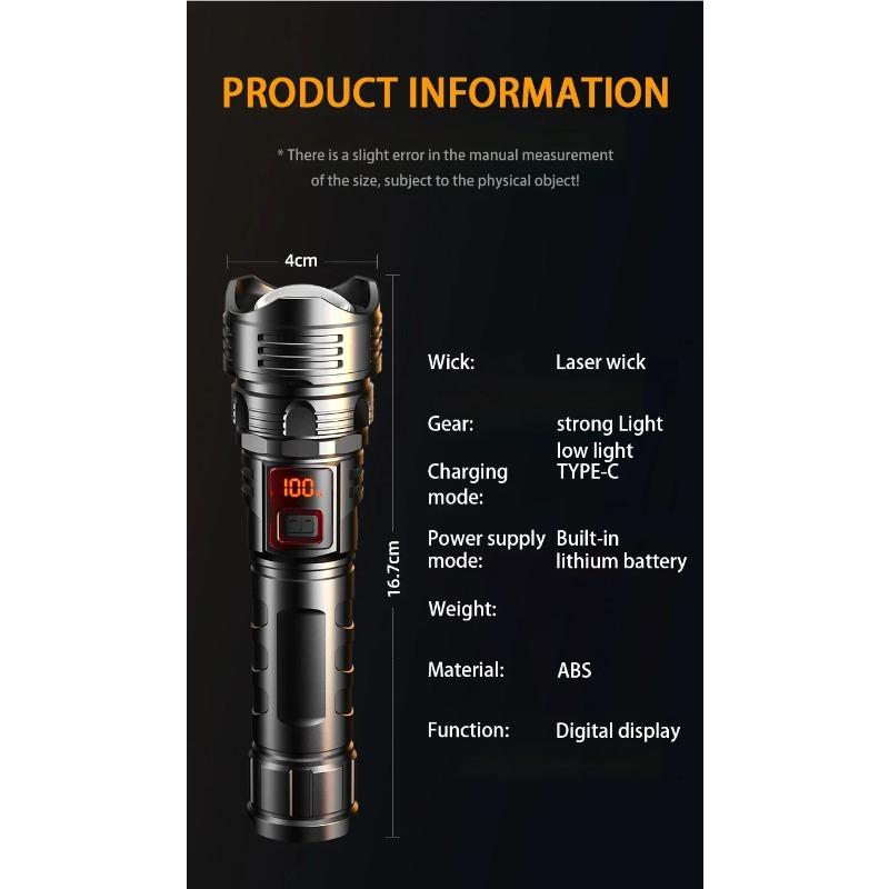 FLSTAR FIRE Strong Light Flashlight Type-C Charging Telescopic Zoom Long Range White Laser Lantern Home Outdoor Camping Torch