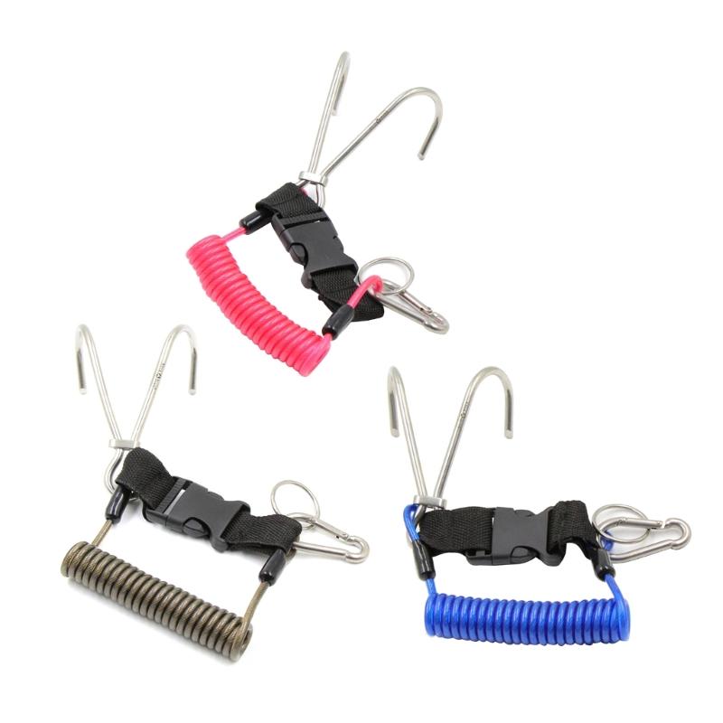 Пружинный трос Рифовый двойной крюк Нержавеющая сталь Подводное плавание Рифовый крюк со спиральным шнурком и быстросъемной пряжкой