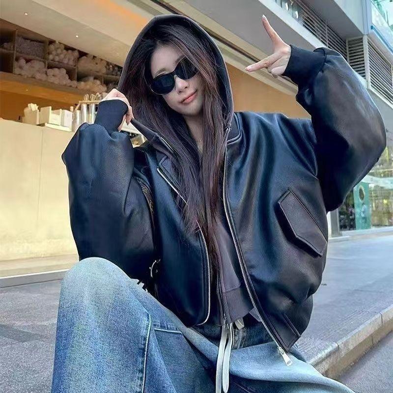 Черная куртка-бомбер на молнии с длинными рукавами, кожаная куртка для женщин, новая ретро свободная мотоциклетная куртка на осень и зиму