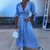 Women's Denim Long Dress V-Neck Short Sleeve Button Down Maxi Dress Casual