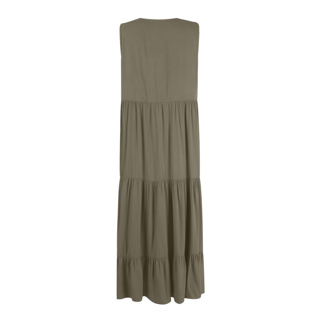 Women's Fashion Sleeveless Pleated Loose V-Neck Mid-Length Solid Colour Dresses