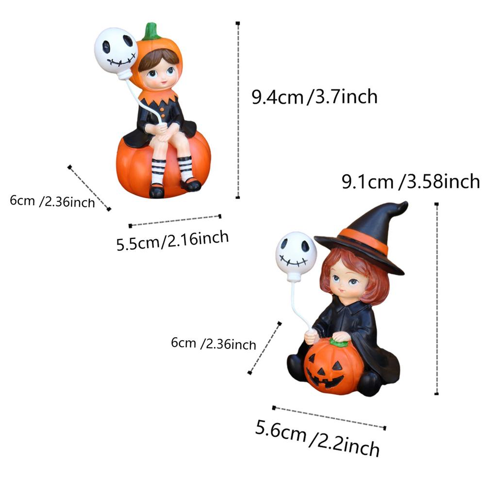 Pack Of 2 Halloween Resins Figurines Pumpkin Witch Holding Ghostly Balloon Sculptures For Party Tabletop Decoration