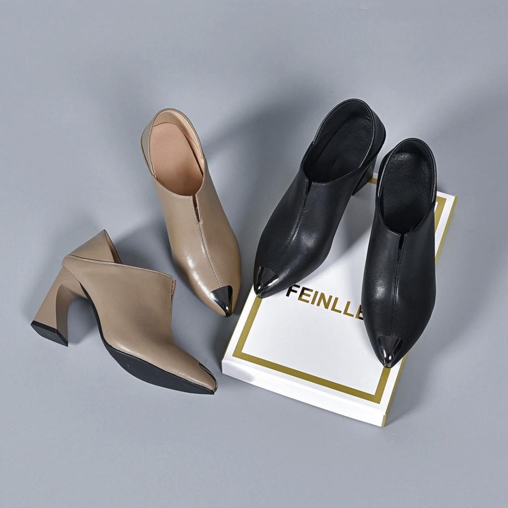 Comfortable Anti-kick Pointed Deep Mouth Single Shoes Xin Two Wear Thick Heel Soft Leather Casual High Heel Small Leather Shoes Women