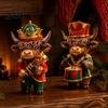 Small Decorative Cow Set 2 Pcs Christmas Nutcracker Highland Figurine, Wooden Scottish Cattle Statue with Trumpet Festive Tabletop Decor Drum,