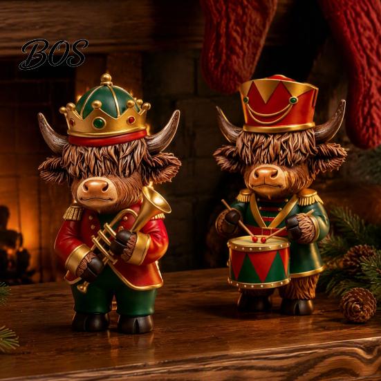 Small Decorative Cow Set 2 Pcs Christmas Nutcracker Highland Figurine, Wooden Scottish Cattle Statue with Trumpet Festive Tabletop Decor Drum,