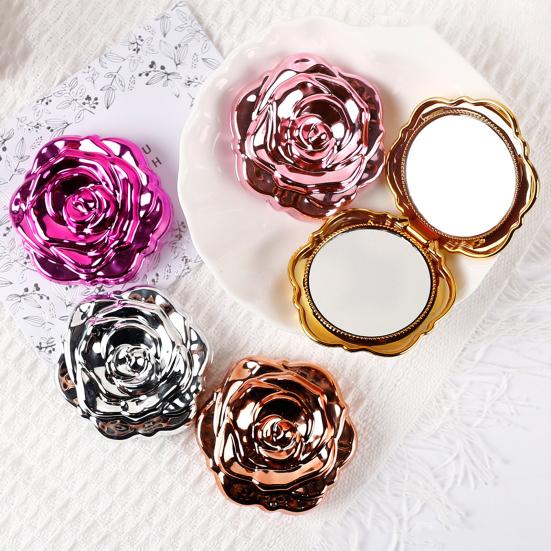 Electroplating Rose Double-sided Mirror Portable Travel Mini Foldable Makeup Mirror Women Girls Vintage Pocket-sized Handheld Vanity Mirror