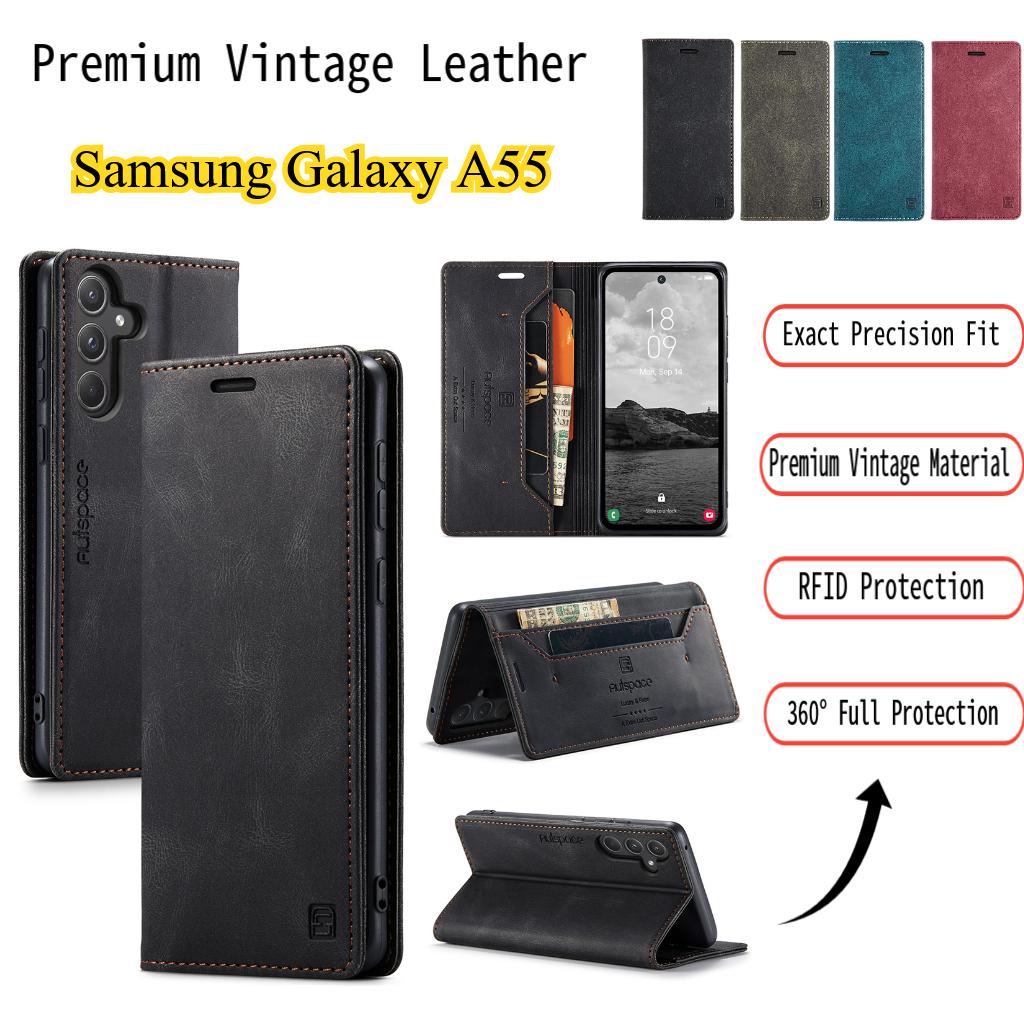 Премиальный винтажный кожаный чехол-книжка для Samsung Galaxy A55 - Защита RFID, откидная крышка со слотами для карт, противоударный ретро-стиль (4 цвета)
