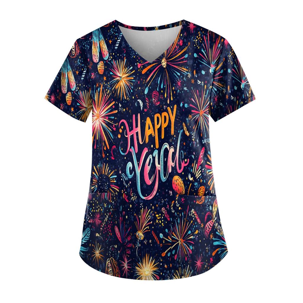 Women's Fashion New Year Printed Short Sleeve V-Neck Top Small Pocket Work T-Shirt