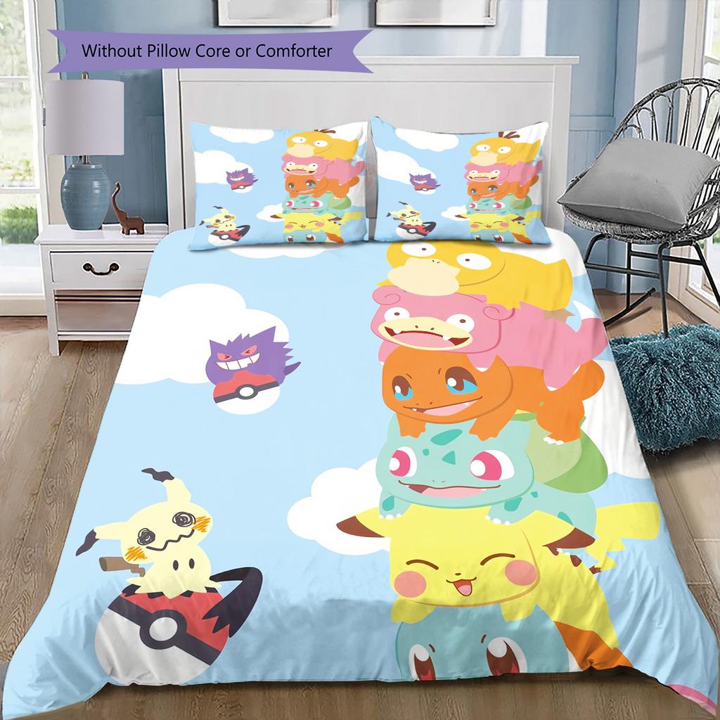 Pokemon Artworks Bedding Set, 1 Duvet Cover & 2 Pillowcases, Cozy Home Use, Great Gift for Pokémon Fans