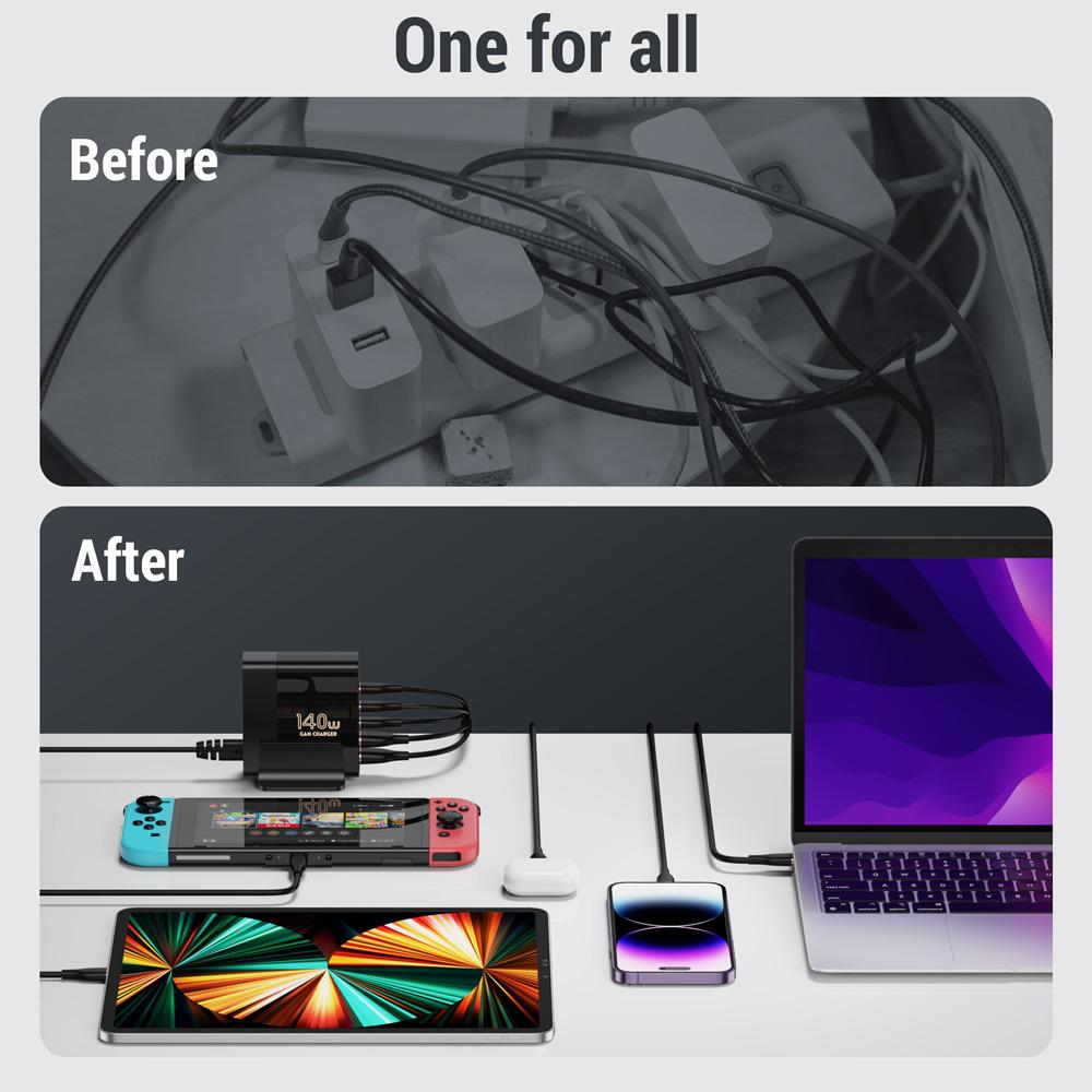 140 Вт GaN зарядное устройство для настольного ноутбука быстрое зарядное устройство 5 в 1 PPS PD QC быстрая зарядка для iPhone 16 15 14 13 Pro Max зарядное устройство для телефона Xiaomi Samsung