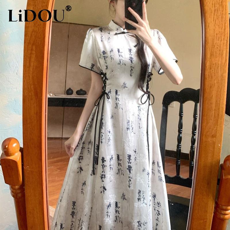 Летнее винтажное платье с воротником-стойкой, шнуровкой и кружевом, женское элегантное модное платье А-силуэта с вырезами, женское платье Y2K с коротким рукавом