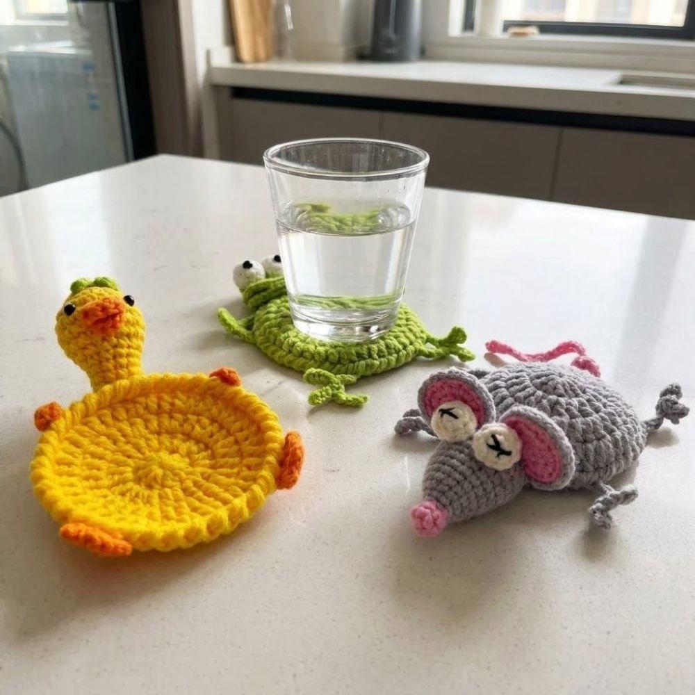 Hand Woven Knitted Cup Mat Funny Insulation Pad Finished Animal Drink Coaster  Gift