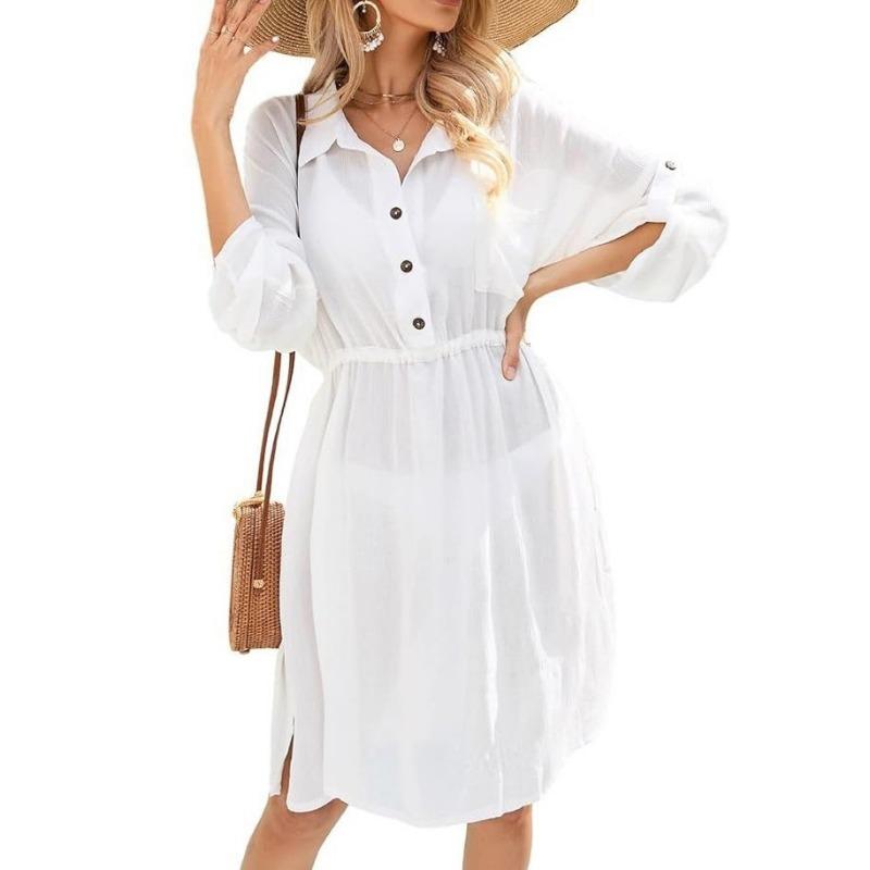 Women's Summer Solid Color Lace-up Waist Pocket Dress Beach Smock Dress
