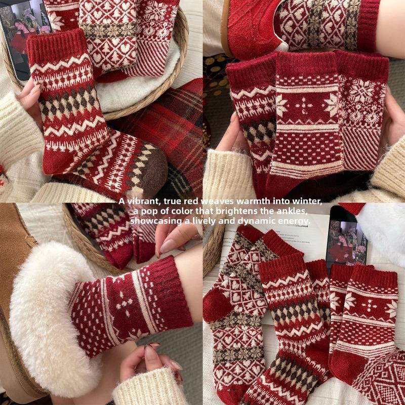 Новогодние красные носки, носки с узором «Фэр-Айл», осенне-зимние утолщенные шерстяные носки до середины икры, ромбовидные ретро