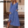 IHUASU Women's Cotton Maxi Dress Long Sleeve Ruffle Pocket