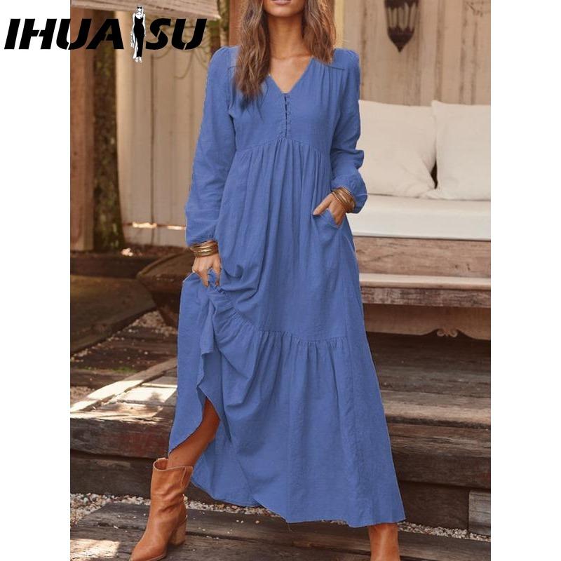 IHUASU Women's Cotton Maxi Dress Long Sleeve Ruffle Pocket