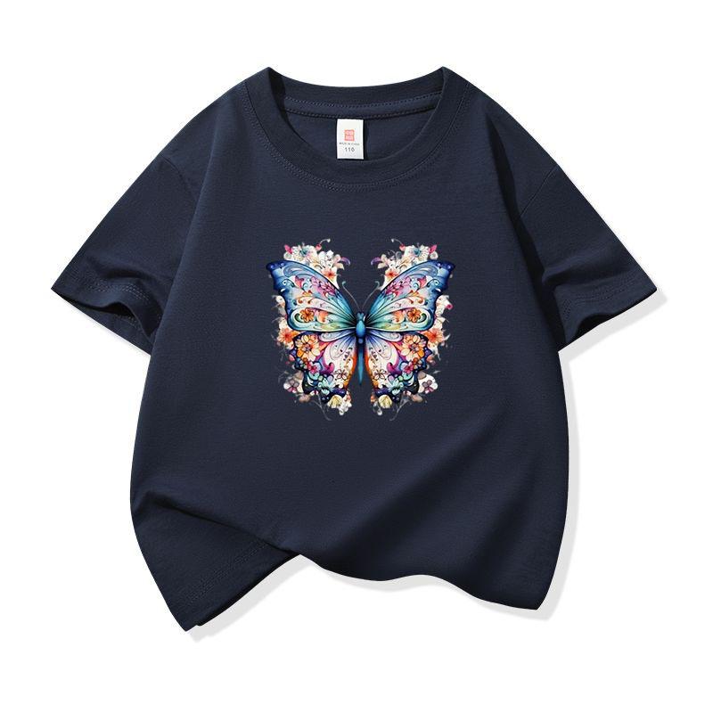 Kids Cotton T Shirt Blue Colorful Floral Butterfly Print Crew Neck Short Sleeve Tee Casual Boys Girls Summer Tops
