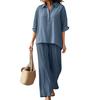 Women's Cotton Linen 2 Piece Set Casual Lapel V Neck Short Sleeve Top Wide Leg Pants Set Summer Loose Lounge Outfits