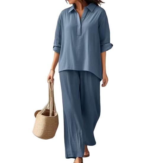 Women's Cotton Linen 2 Piece Set Casual Lapel V Neck Short Sleeve Top Wide Leg Pants Set Summer Loose Lounge Outfits