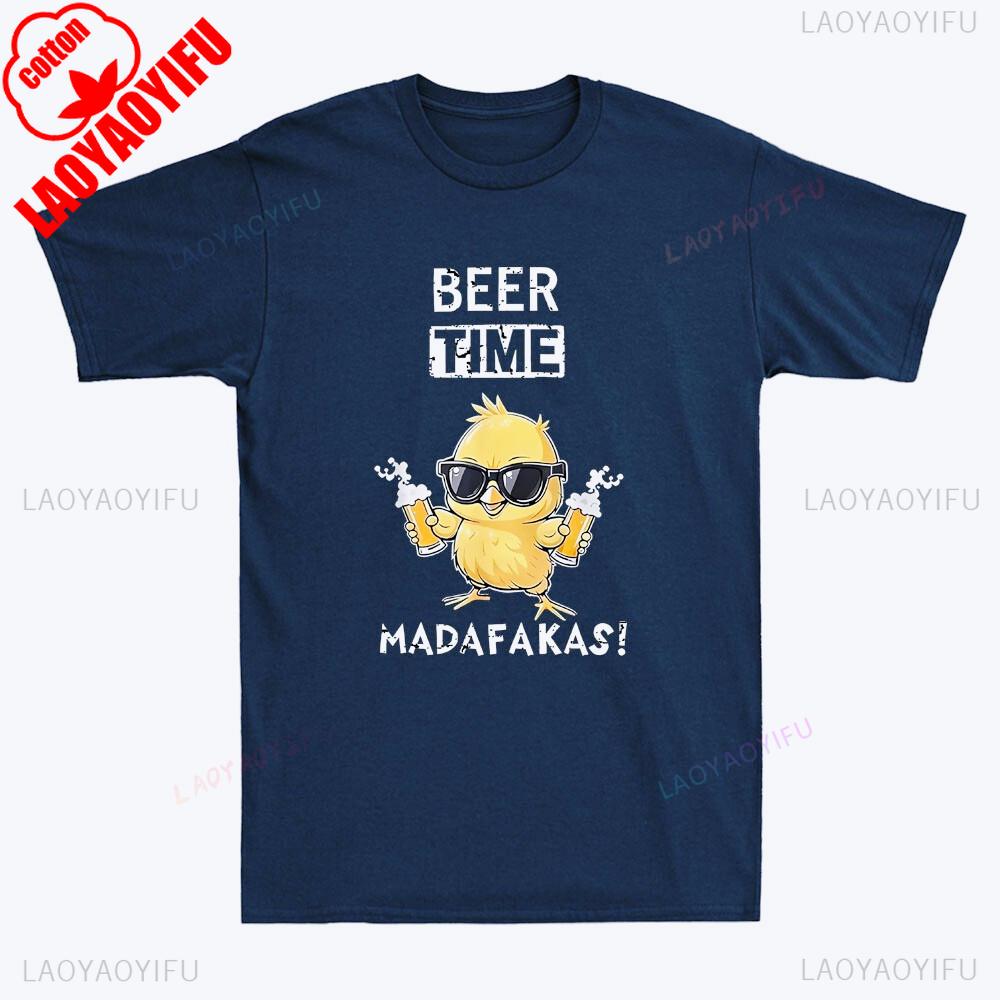 Beer Time Madafakas Funny Glasses Chicken Hold Beer Meme Quote Retro Men TShirt Summer Casual Soft Cotton Pattern Print Tees