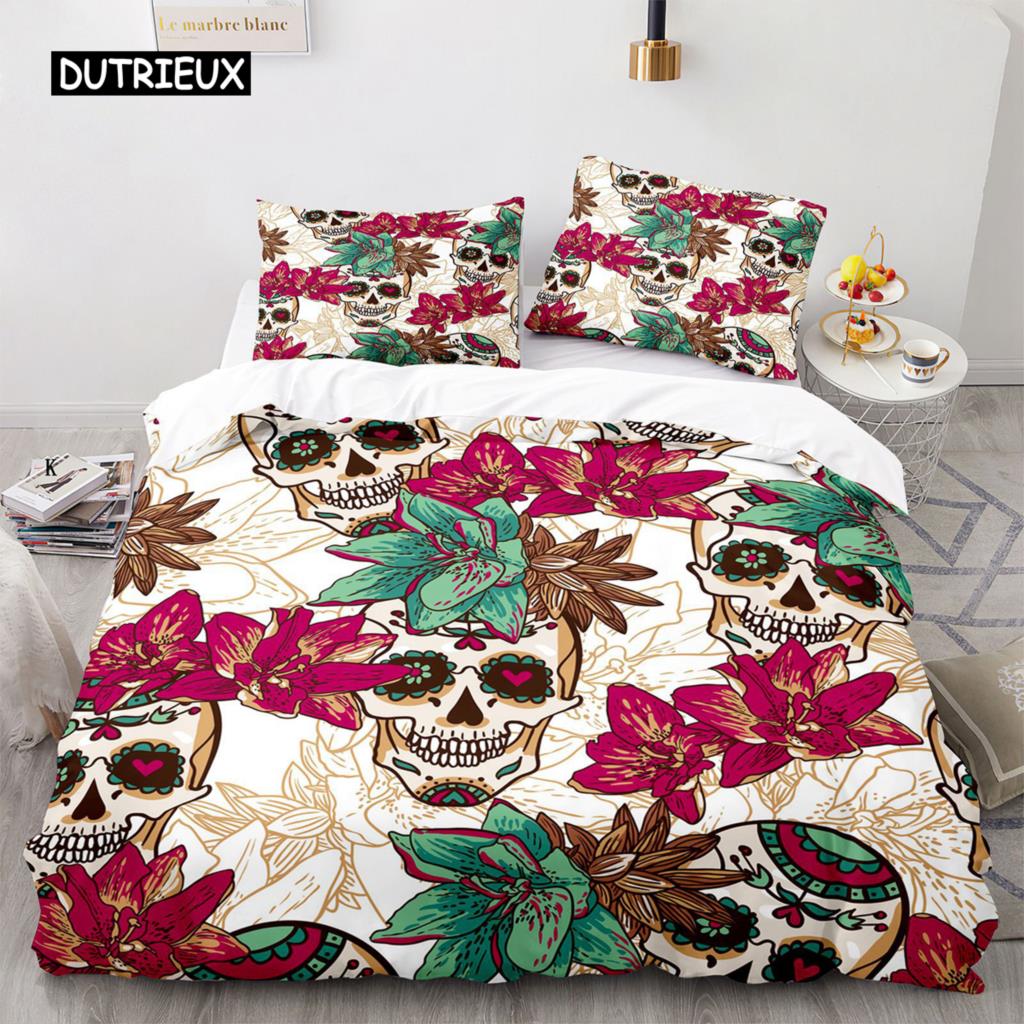 Пододеяльник с изображением сахарного черепа King Microfiber Rose Комплект постельного белья с цветочным рисунком Череп, черный, красный, оранжевый, скелет, двойной пододеяльник