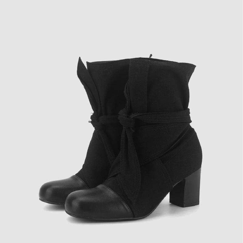 Fashion 2025 New Canvas Butterfly-Knot Square Heels Boots Women Round Toe Slip-On Modern Boots Women High Heels Western Ankle Boot