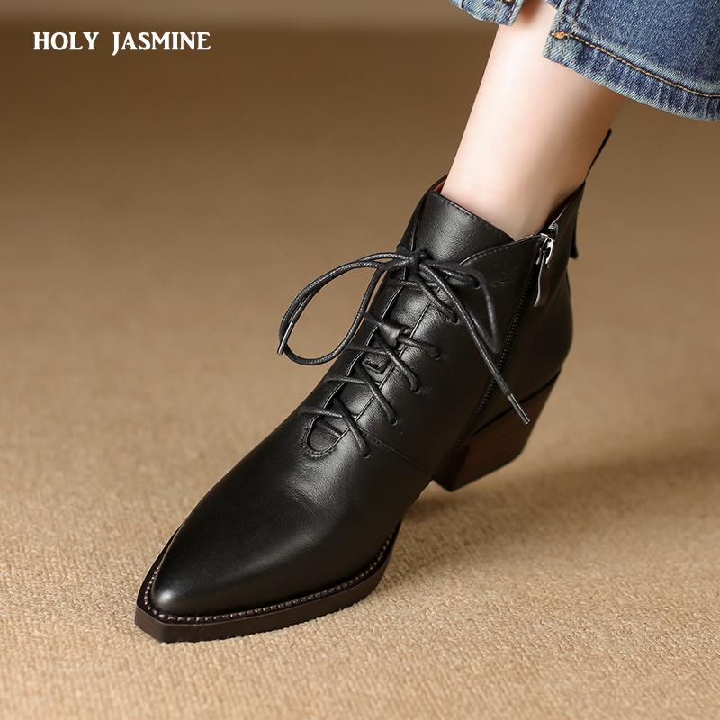 Women Boots Genuine Leather Women's Ankle Boots Zipper Lace Up Pointed Toe Block Heel Western Boots Autumn Winter Womens Shoes