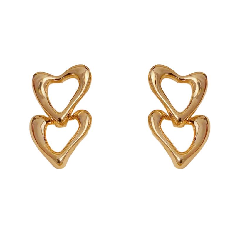 Elegant Metal Hollow Double Heart Dangle Earrings - Unique and Versatile Cold Style Fashion