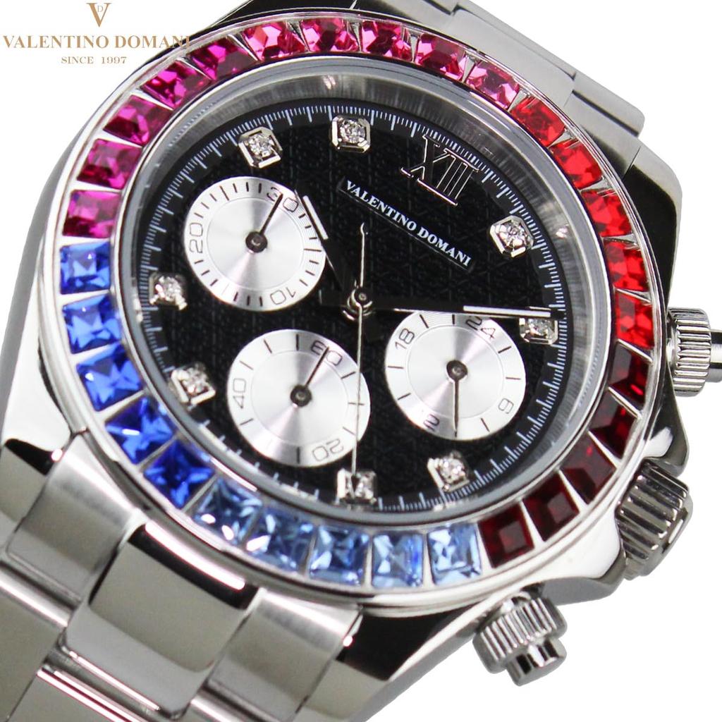 VALENTINO DOMANI Watch with Black and Zirconia Bezel Men's Zirconia, Silver, Face, (VD006MSB)