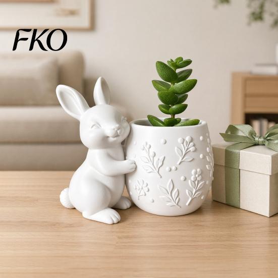 Mini Flowerpot 3D Printed Bunny Hugging Succulents Planter, Cute Rabbit Flower Pot with Embossed Small Desktop Planter Floral Body, Desk Decor