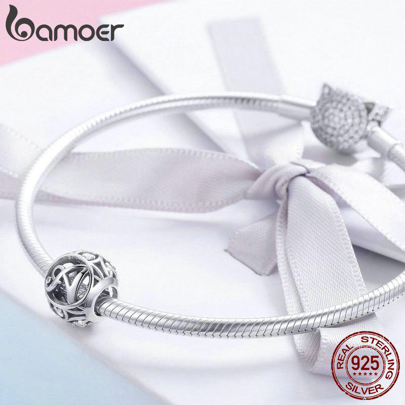 BAMOER Круглые шармы из стерлингового серебра 925 "Латинский алфавит"