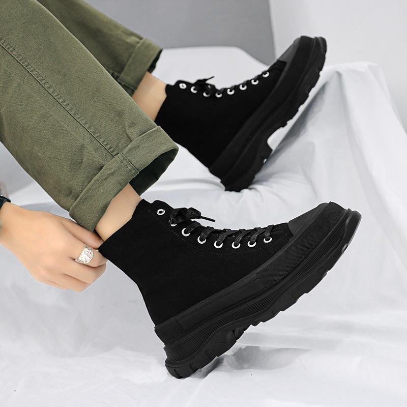 Men's Winter High-Top Canvas Shoes, Platform Height-Boosting, Hong Kong Style Casual Sneakers for Teens