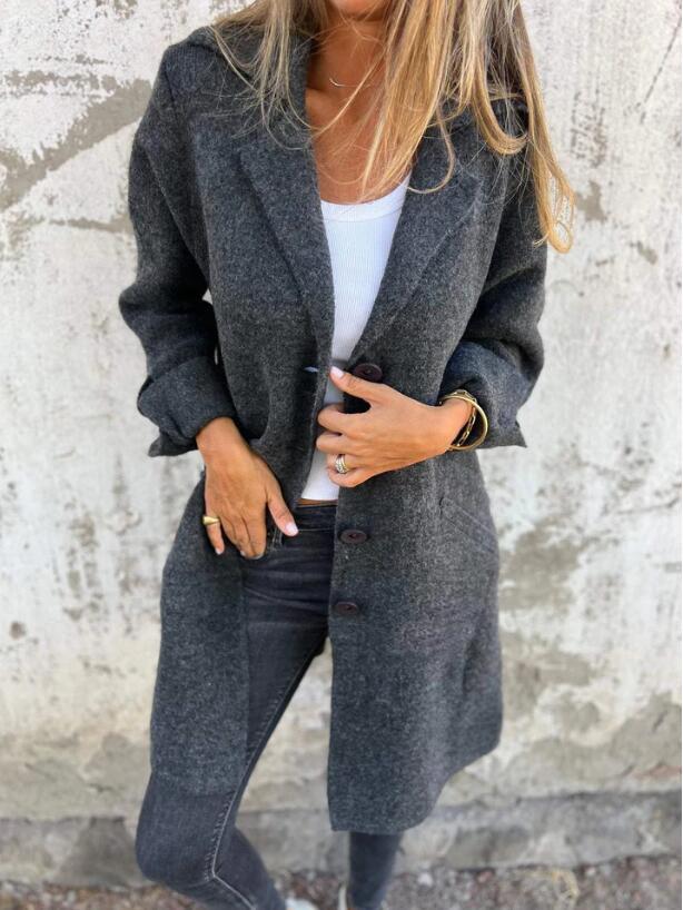 Women's Solid Color Turn-Down Collar Mid-Length Cardigan Coat with Pockets (Single-Breasted) - 2024 Autumn/Winter Collection