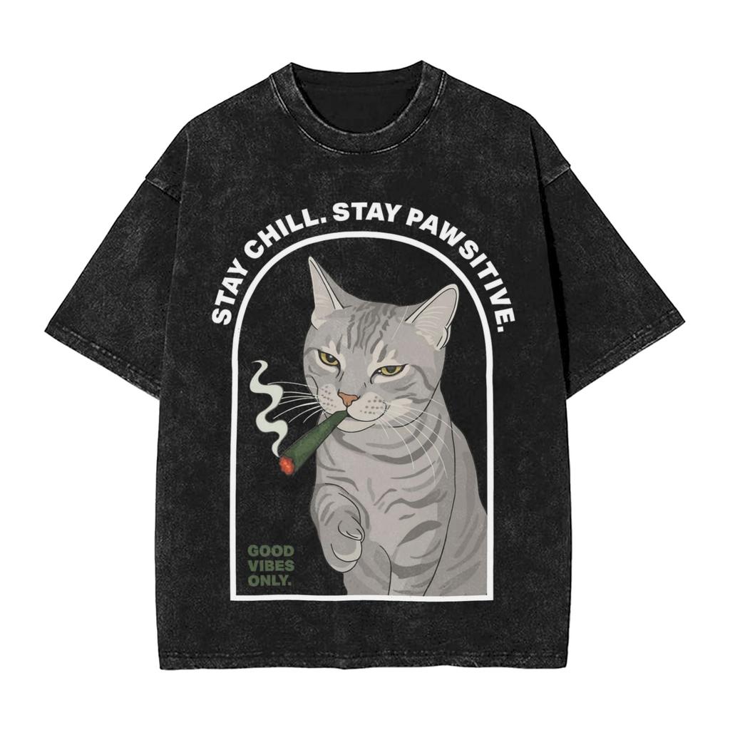 Washed T Shirts Cat Smoking Stay Chill Stay Positive Hip Hop Vintage T-Shirt Oversize Streetwear Cotton Tops Tees for Wo