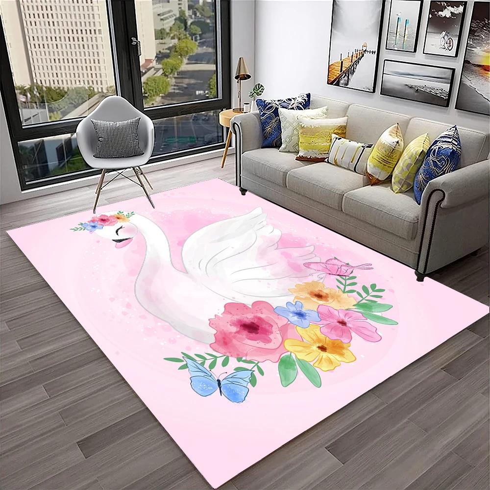 3D Cute Swan Princess Cartoon Cygnus Carpet Rug for Home Living Room Bedroom Sofa Doormat Decor,kids Area Rug Non-slip Floor Mat