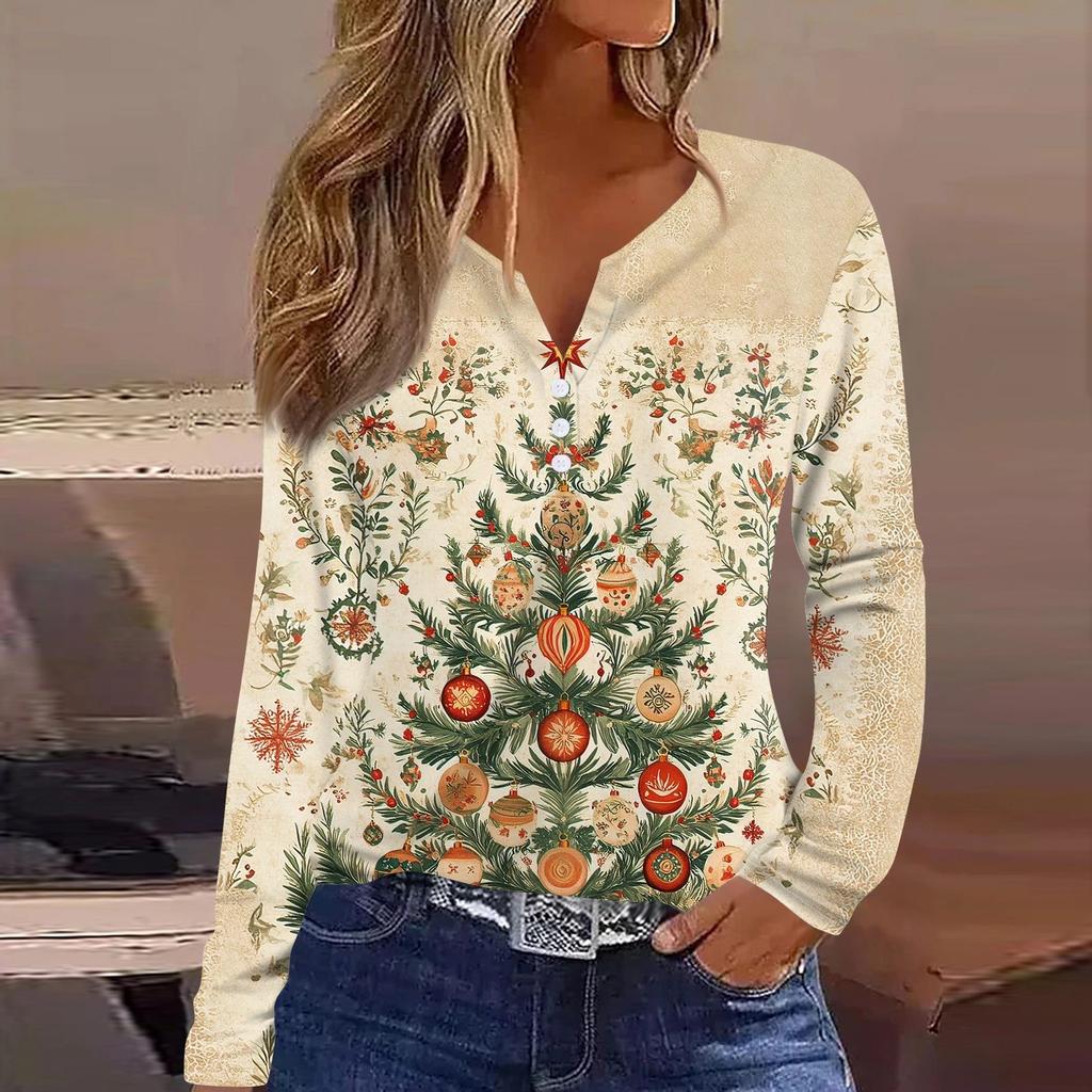 Женская футболка с рождественским принтом на пуговицах с длинным рукавом, повседневная, выходного дня, модная, базовая, с V-образным вырезом, обычная