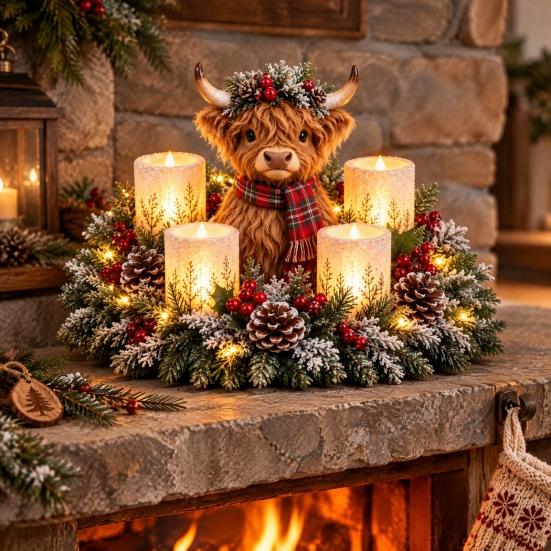 Seasonal Tabletop Decorations Lighted Highland Cow Christmas Table Centerpiece, Resin Flickering LED Flameless Candles, Frosted Winter Home Decor Pine