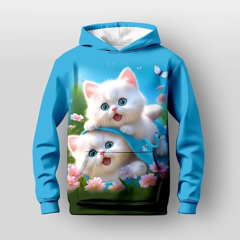 Детская толстовка с 3D-цветами и мультяшным котом, с длинным рукавом, 3D-печать, Осень-Зима, Активная мода, Милая, для детей 3-12 лет, Для улицы, Повседневная, Обычный крой