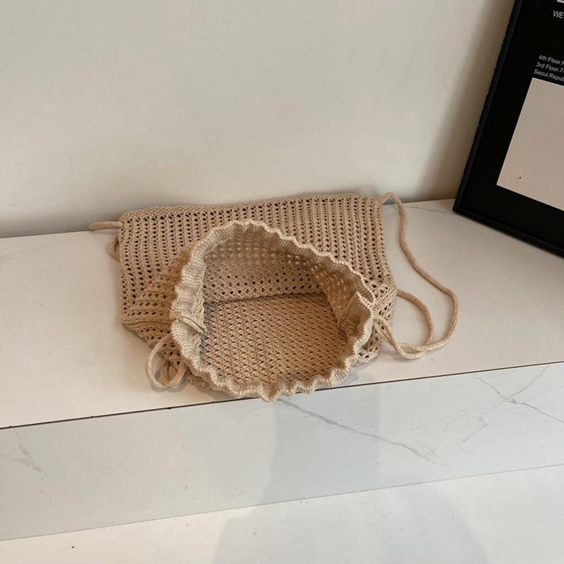 Yogodlns Модная однотонная вязаная крючком сумка на плечо с цветочным декором, плетеная женская пляжная праздничная сумка-ведро с выемкой, большая вместимость, рюкзак