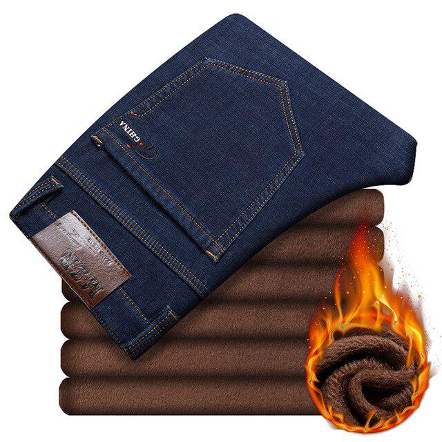 Мужские зимние теплые джинсы больших размеров, деловые повседневные прямые свободные брюки, мужские брендовые брюки