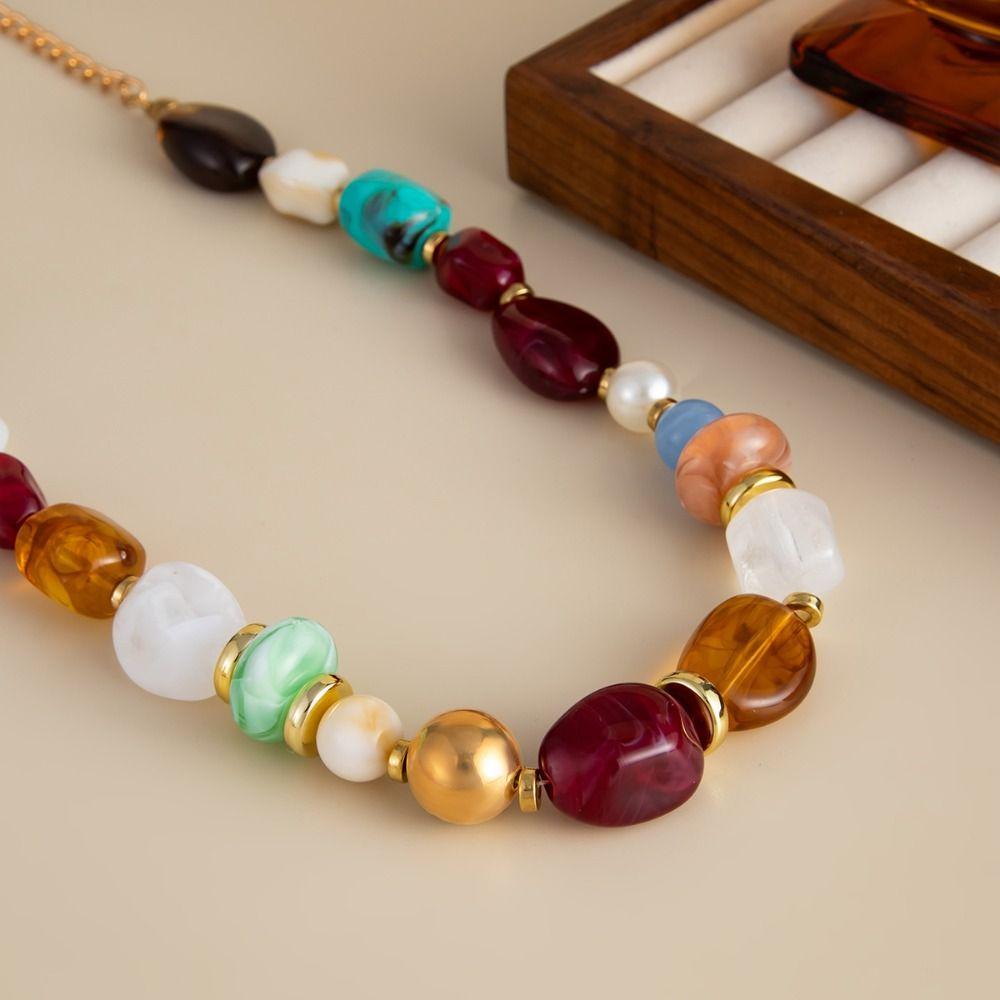 Bead Colorful Resin Necklace Vintage Clavicle Chain Creative Beads Short Choker  Gift