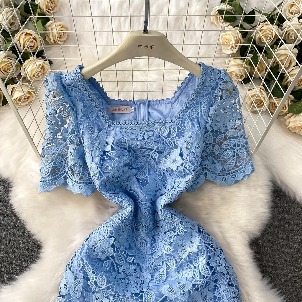 Summer Women Elegant Square Collar Embroidery Flower Lace Mesh Patchwork Long Maxi Slim Bodycon Party Dresses